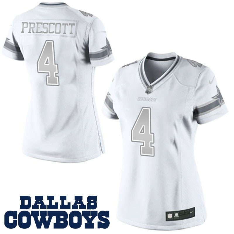 women dallas cowboys #4 dak prescott white platinum limited jersey